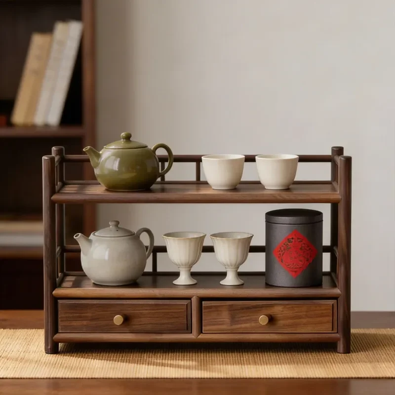 North American Walnut Tea Set Rack Solid Wood Antique Style Desktop Teapot Stand Small Teacup Storage Organizer for Home