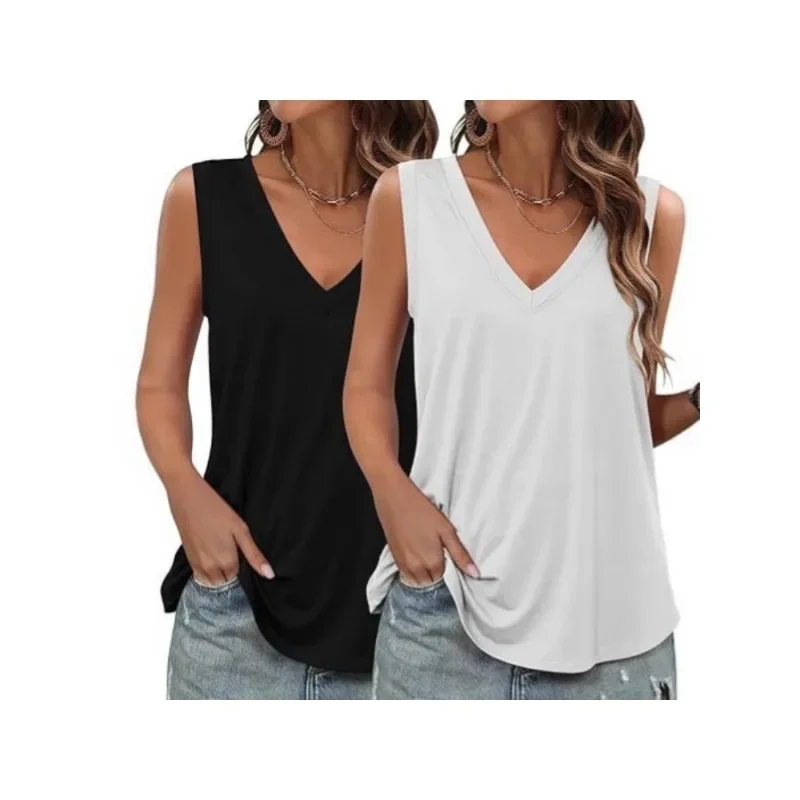 2025 Summer New 2 Pack V Neck Solid Color Vest Loose Sleeveless T Shirt Casual
