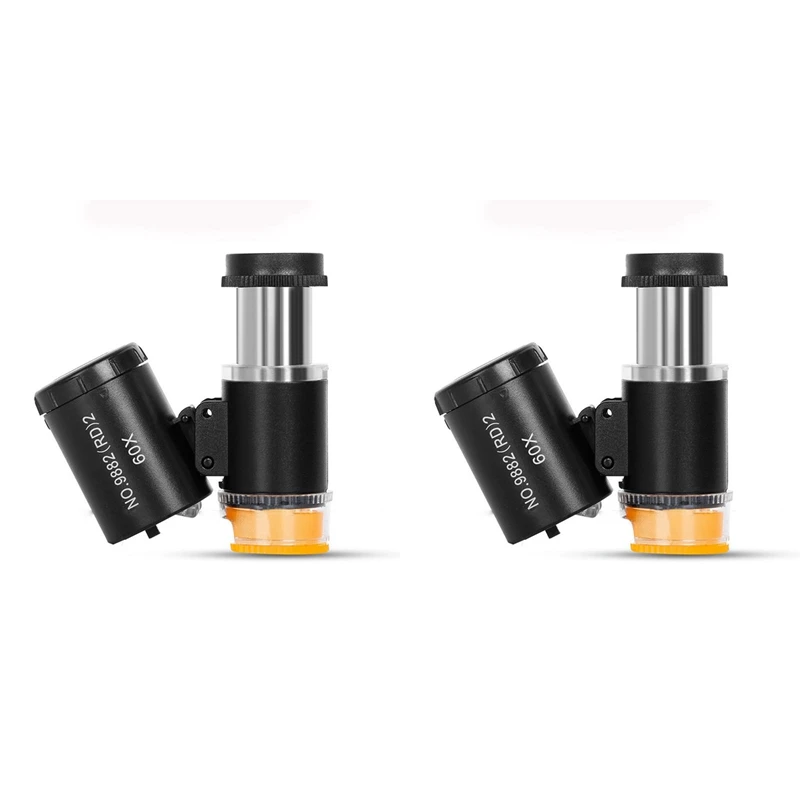2 Set 60X Mini Pocket Microscope Jewelers Eye Loupe With LED UV Light Portable Magnifying Glass A