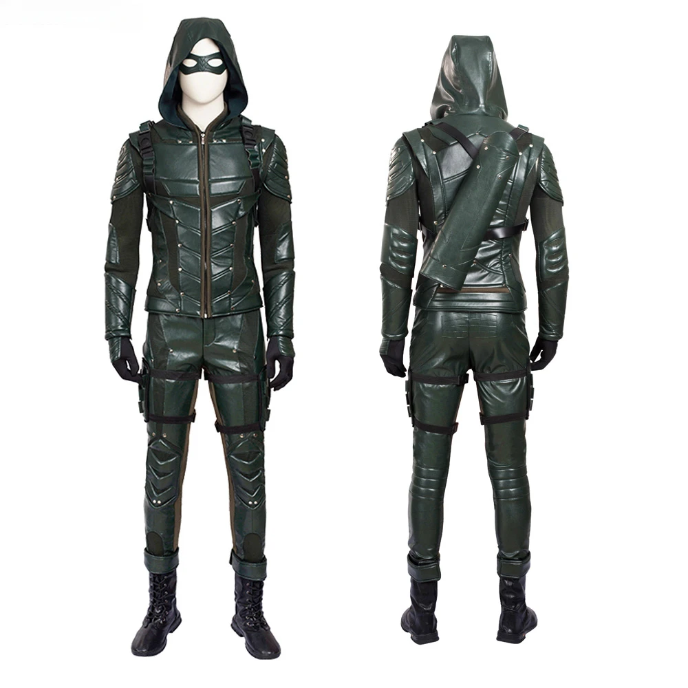 The Arrow Season 5 Green Arrow Cosplay Costume Oliver Queen Outfit Mens Leather Battle Suit with Quiver Halloween Costumes