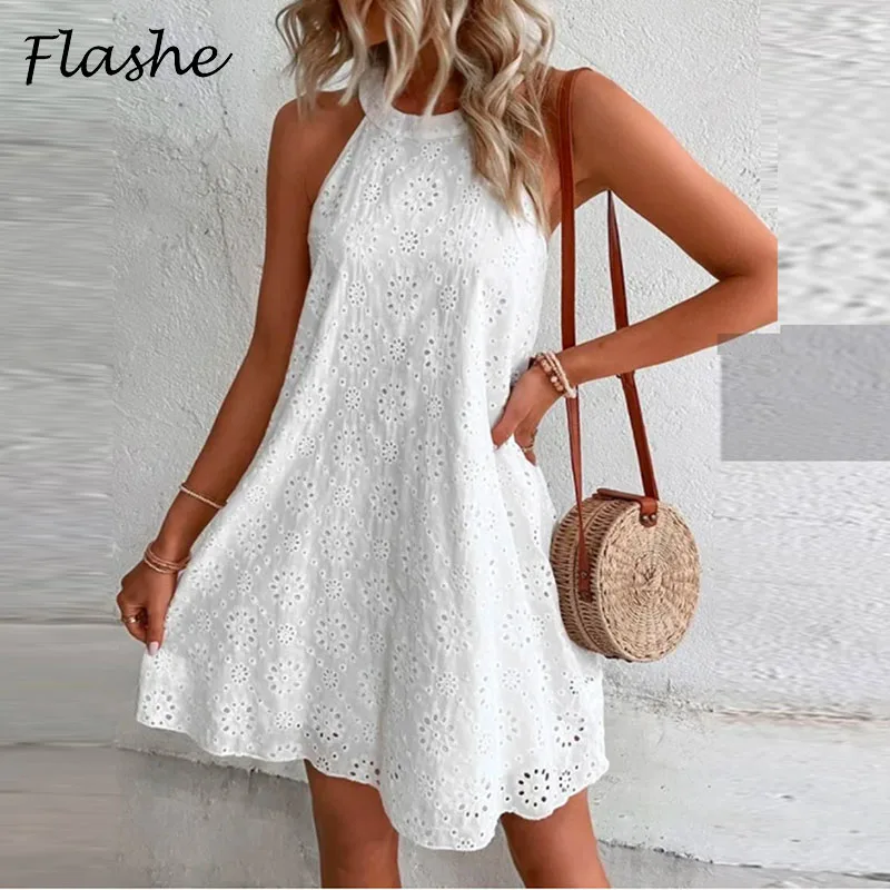 Summer Mini Dress Women Sleeveless O Neck Jacquard Design Casual Beach Holiday Dresses For Women Party Dress White