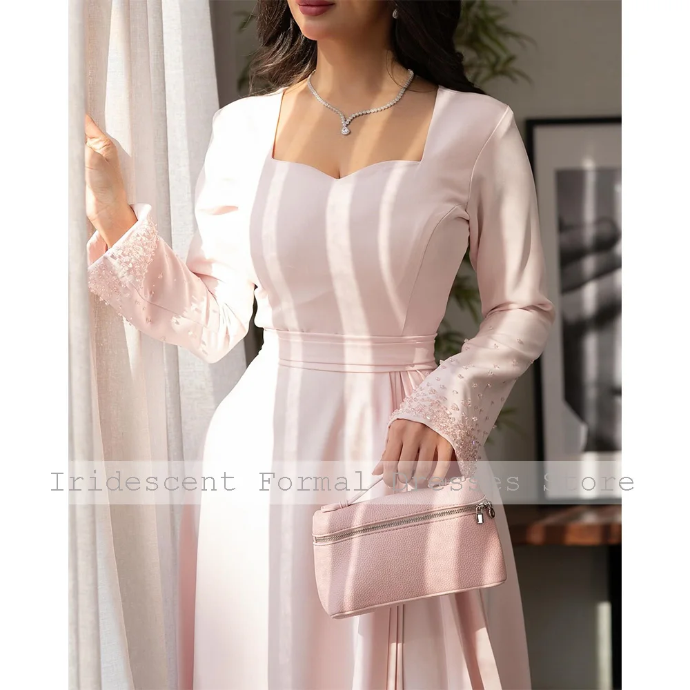 สีชมพูอ่อนชุดราตรีสําหรับผู้หญิง 2025 ประดับด้วยลูกปัดแขนยาว Maxi ชุดราตรี Sweetheart ข้อเท้าความยาวสายอย่างเป็นทางการ