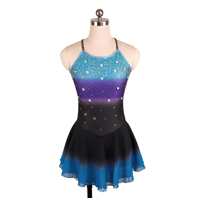

customized adult figure skating dress girls' performance clothing competition grading dress nylon tricolor gradient diamond