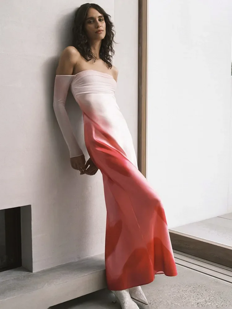 

Off-shoulder Long Sleeve Sexy Maxi Dress Women Gown Elegant Strapless Backless High Waist Bodycon Print Long Dresses