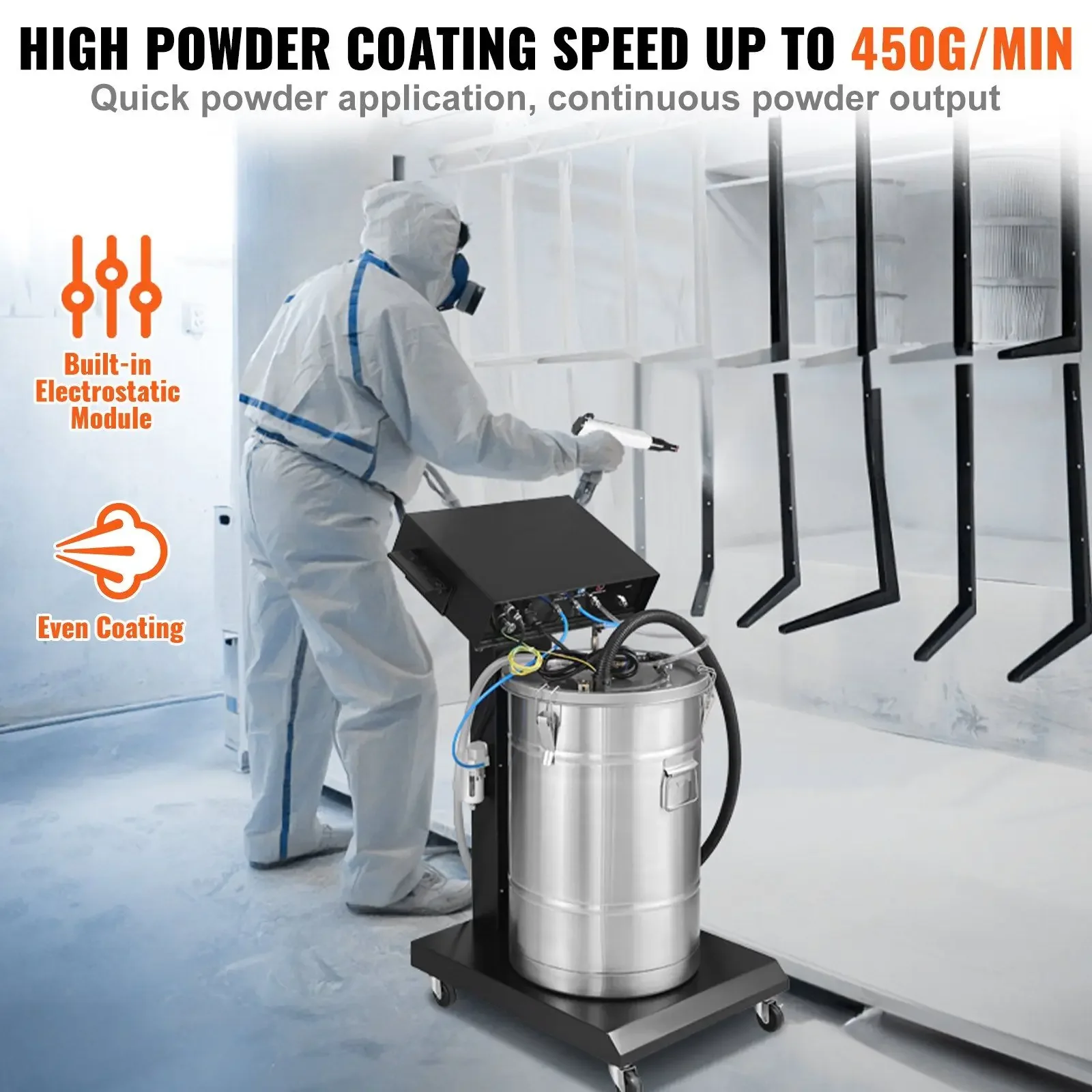 Powder Coating System, 40 W 100KV Electrostatic Output Powder Coating Kit with 50L Powder Hopper, 450g Per Minute Powder