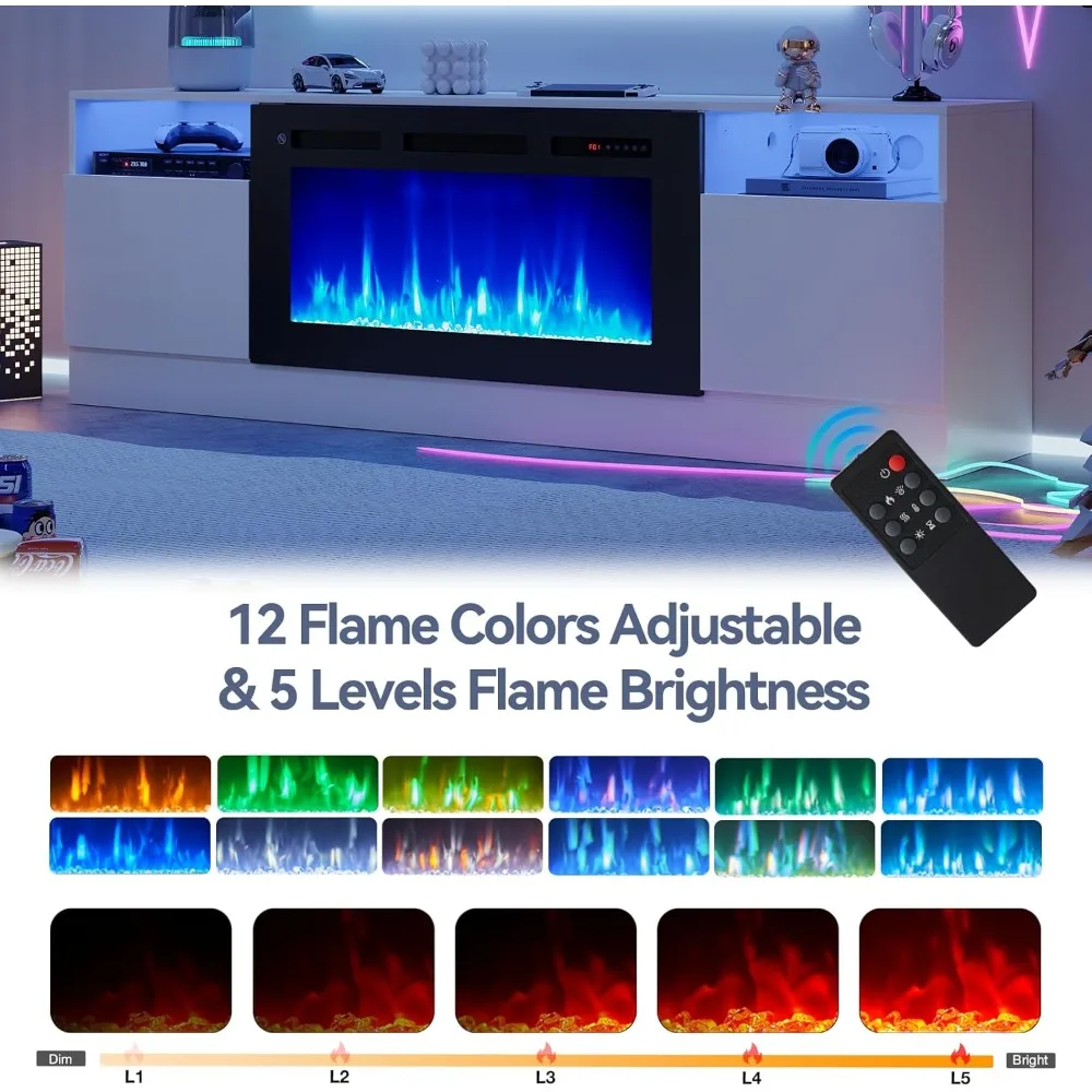 حامل تلفزيون مدفأة، مركز ترفيه بإضاءة LED لأجهزة التلفاز حتى 80، باب عالي اللمعان، وحدة تحكم تلفزيون حديثة لغرفة المعيشة #4