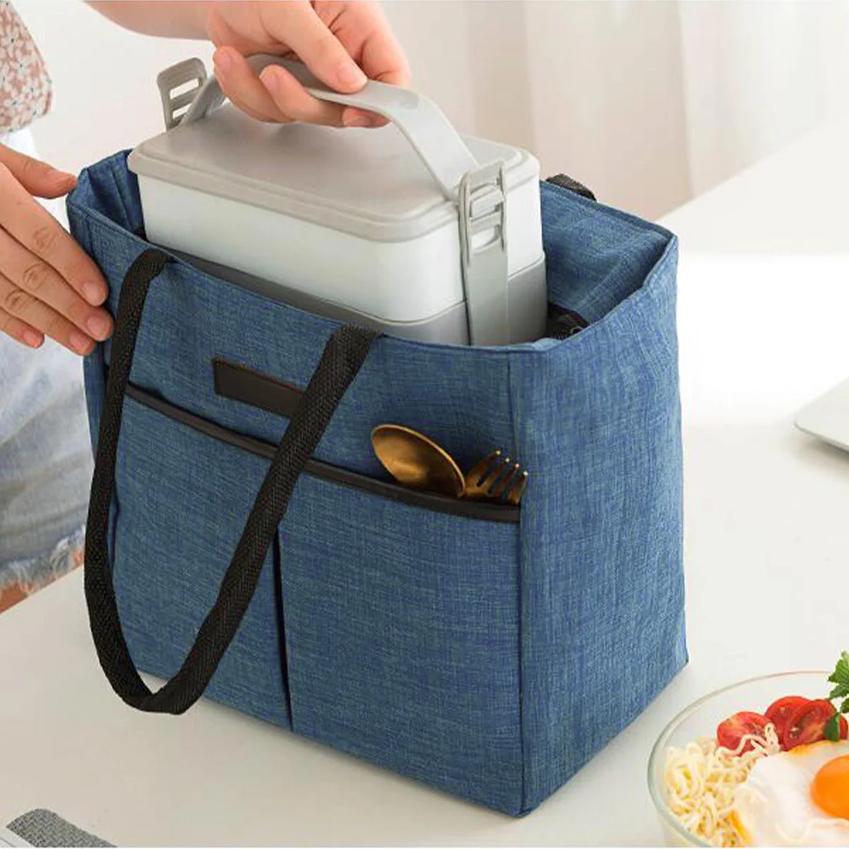 

1 шт., сумка-бенто из жемчужной шерсти, синяя L, изоляционная сумка из алюминиевой фольги, ланч-бокс с прочной ручкой, гладкая молния для школы, использования на открытом воздухе