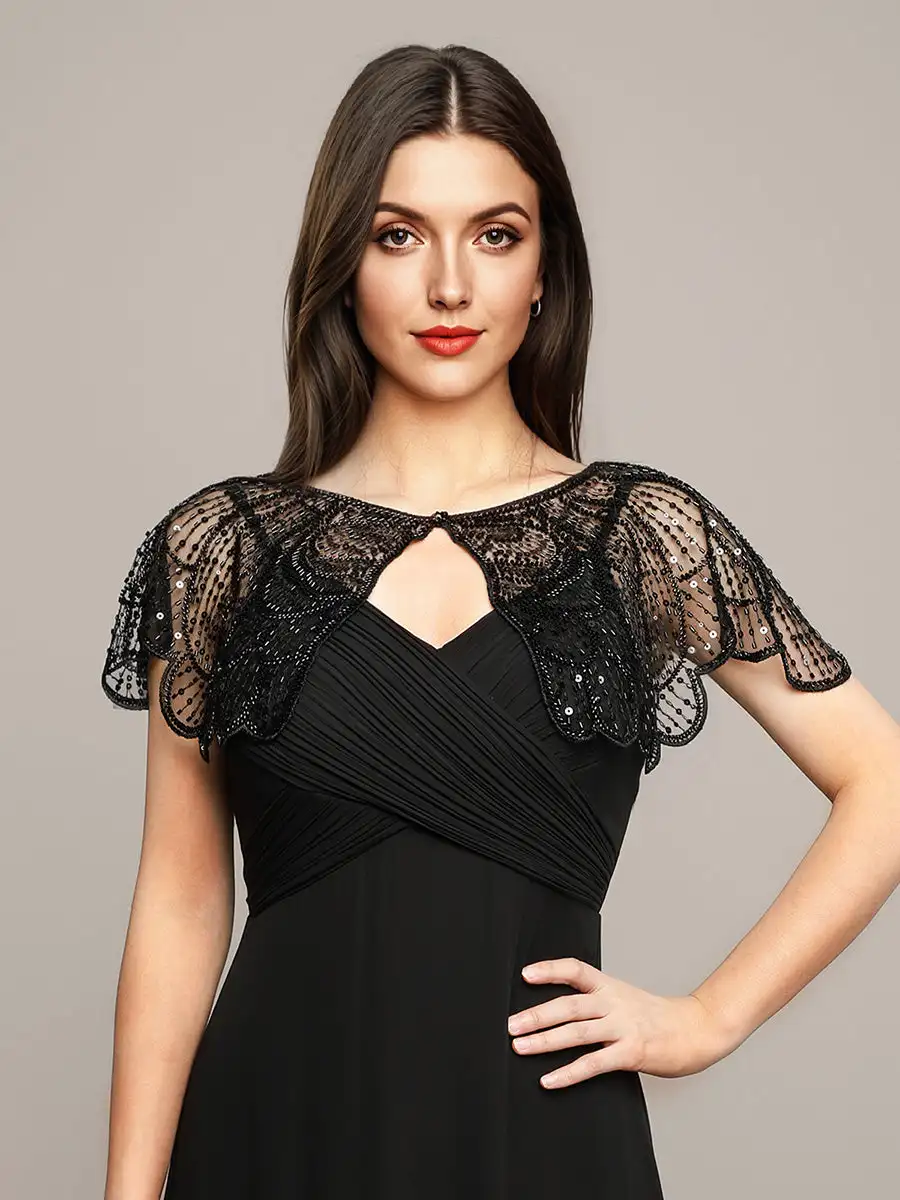 

BAZIIINGAAA Flapper Style Vintage Black Lace Shawl with Sequin Beading Wedding Accessories