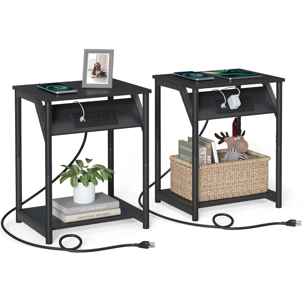 End Table with Charging Station, Set of 2, Small Side Tables for Living Room, Bedroom, Nightstand with Outlets and USB Ports