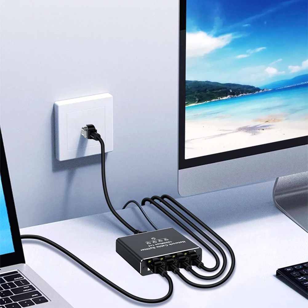อะแดปเตอร์แยกสัญญาณอินเทอร์เน็ต 1 ต่อ 4 พร้อมสายไฟ USB ความเร็วสูง 1000Mbps รองรับการเชื่อมต่อเครือข่าย 4 อุปกรณ์พร้อมกัน สำหรับสาย Cat6/7/8
