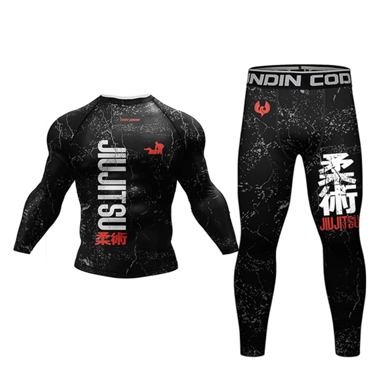 Nowy Jiu Jitsu Rashguard MMA T-shirt +Spodnie dla mężczyzn 4PCS/Set Brazylijski Grappling Bjj Boxing Rash Guard Odzież sportowa Spodenki gimnastyczne