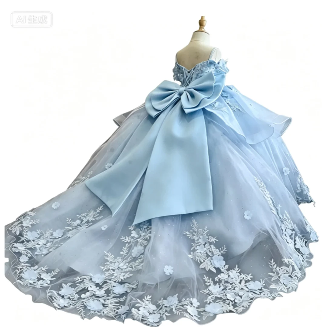 Customized Pink Lace Appliques Flower Girl Dresses for Wedding With Train Bow Floor Length Birthday Party First Communion Gowns