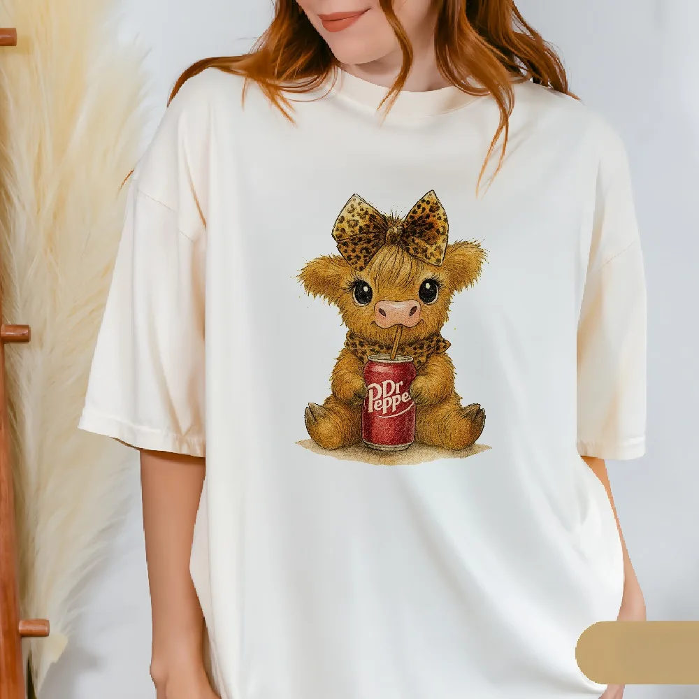 Highland Cow Dr Pepper Tshirt Cute Highland Calf with Soda Graphic Tees Leopard Bow Cowgirl Shirt Western Farm Animal Cotton Tee