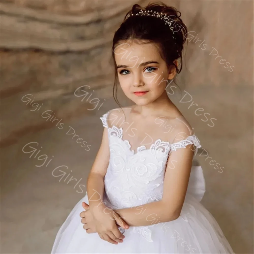 White Flower Girl Dress Kids Sheer Neck V Back Appliqued Tulle First Communion Dress Custom Wedding Party Gown with Bow/Train