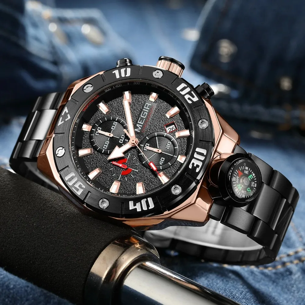 MEGIR 2219 Luxury Fashion Steel Strip Men's Watch Quartz Waterproof Luminous Chronograph Calendar Watches for Men Reloj Hombre