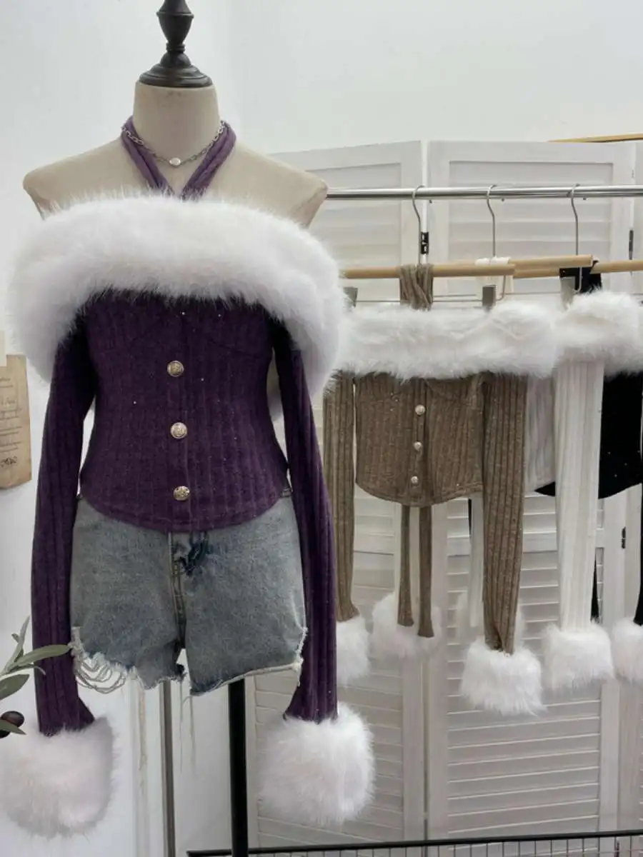 

Detachable Fur Collar Knitted Sweater Long Sve Slim Fit ort Sle Women's Sexy Sle Soft Fabric Bright Tead Detail