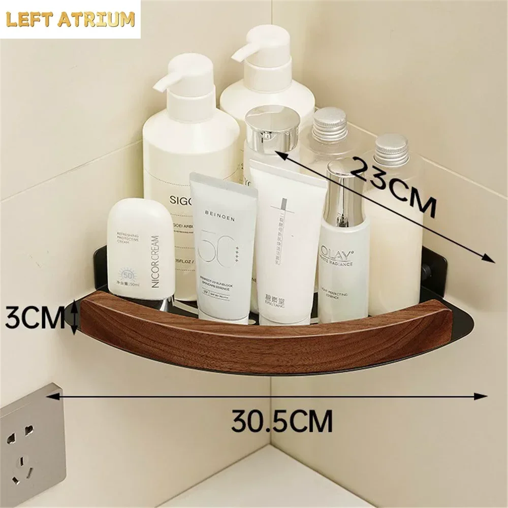 Walnut Aluminum Bathroom Storage Rack Black Bathroom Shelf Wall-Mount Bath Caddy Rack Bathroom Corner Shelf Kitchen Storage Rack
