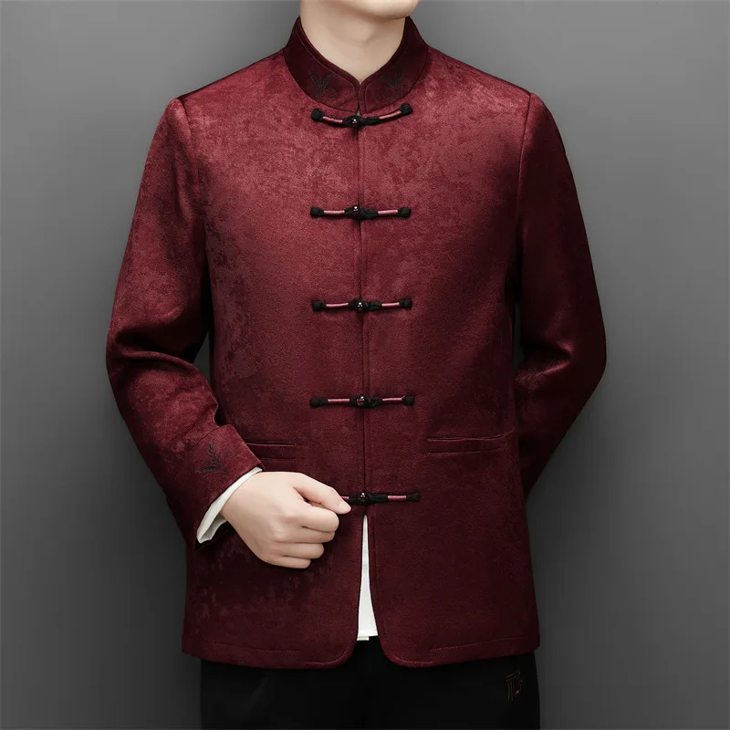 Embroidery Tang Costume Shirts For Men Long Sleeve Stand Collar Winter High-Quality Polyester 100% Frog Button Camisas De Hombre