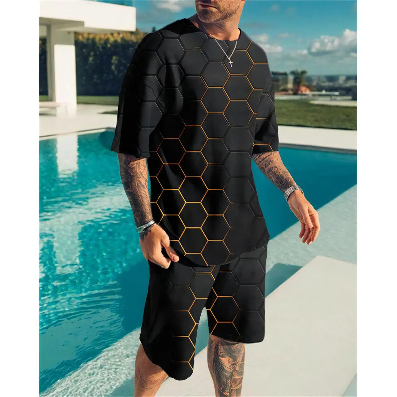 

Men's Sets Short Sleeve T-shirts Shorts Suits Men Casual T shirt Lace-up Short Pants Boys The Lion 3D Prited Sportswear