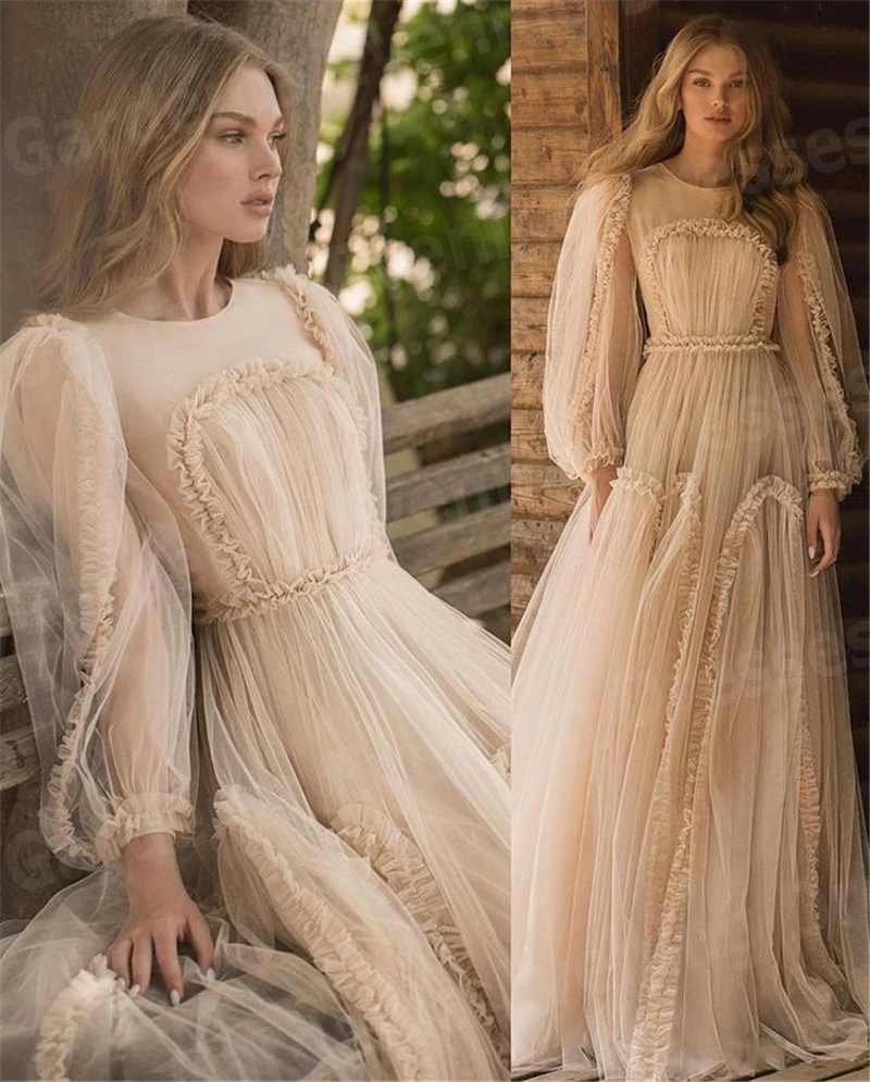 Simple A Line Women's Evening Dresses O Neck Party Prom Gowns Customized Vestidos De Fiesta Long Sleeved Tulle Robe De Soirée