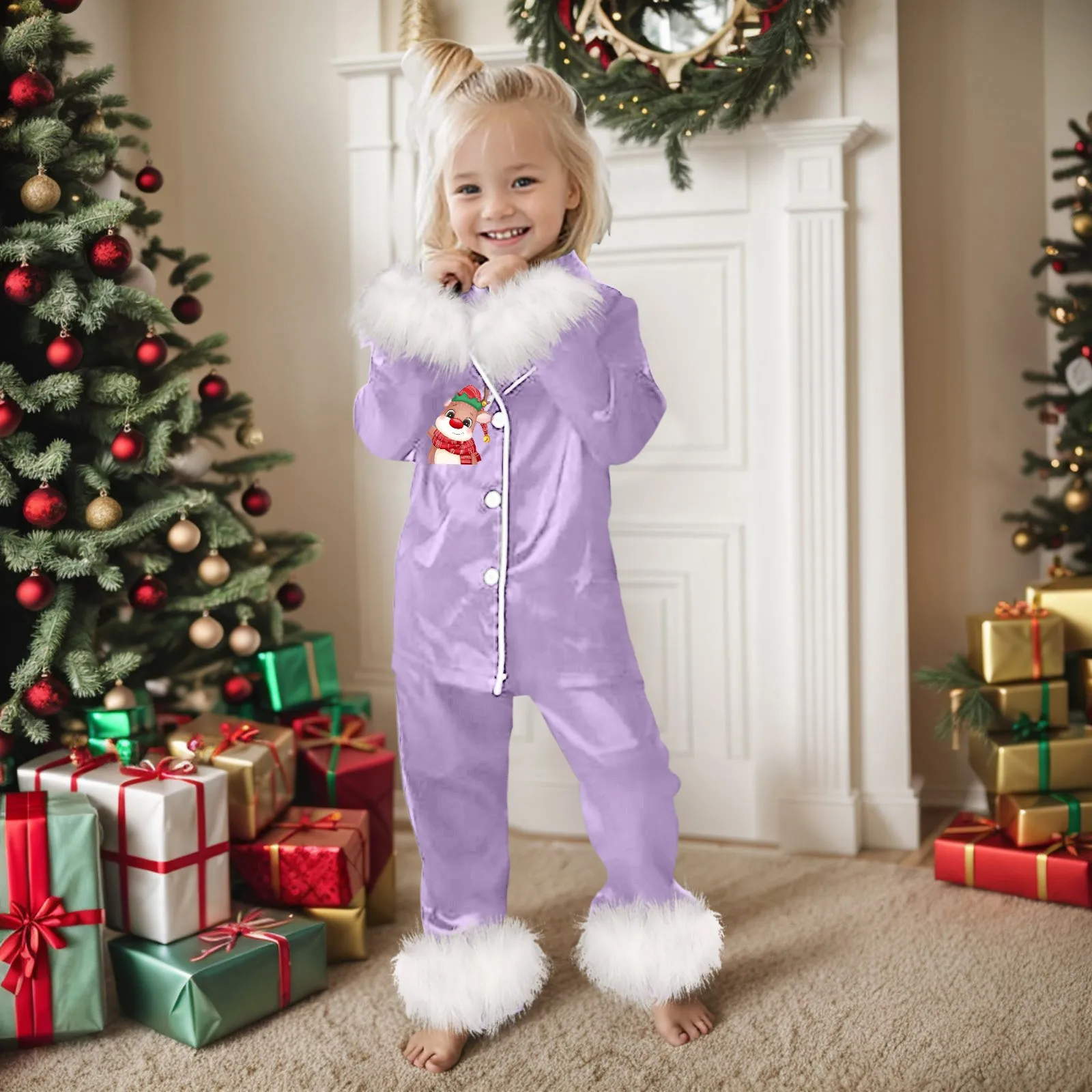 Kids Christmas Print Pajamas Sets Children's Satin Silk Pyjamas Winter Christmas Pjs for Girls Boys Homewear Sleepwear Nightwear