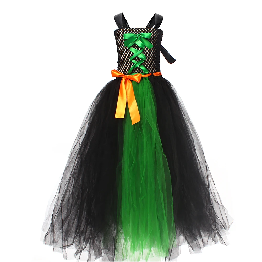 Storybook Witch Costume for Girls Halloween Party Cosplay Fancy Tutu Dress with Hat Broom Evil Queen Ball Gown Disguise Fille