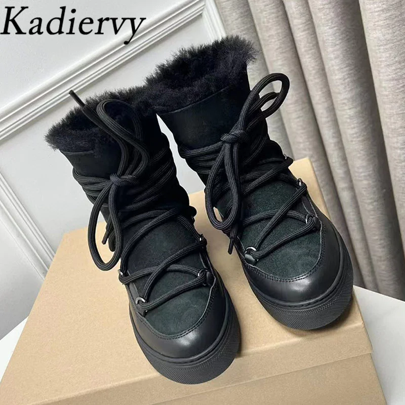 Winter Snow Boots Woman Round Toe Lace Up Short Boots Wool Warm Flat Shoes Women Cow Suede Patchwork Ankle Boots Women