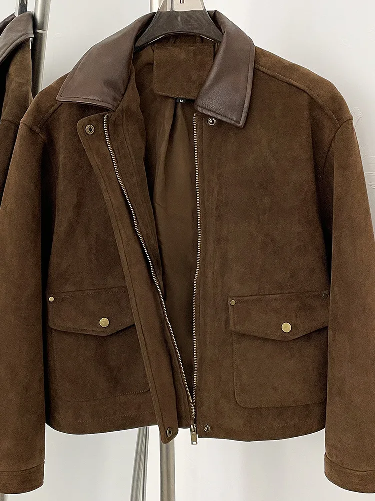 ZMEENNA ダークブラウンフェイクスエードジャケット女性用ボタン 2 つのポケットスタイリッシュで暖かいカジュアル冬アウター ZM4039