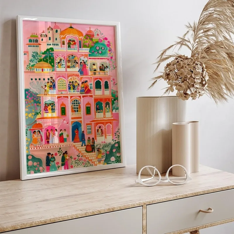 1pc frameless Canvas Painting Pink Indian Palace Wall Art, Maximalist Royal Home Decor Frameless Canvas Art Wall Decoration Post