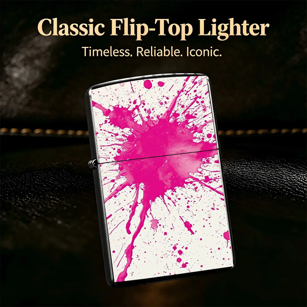 Pocket Lighter, Flip-Top Windproof Design, Pink Paint Splatter Art Pattern, Metal Shell, Comfortable Grip, Refillable, Stylish & Practical