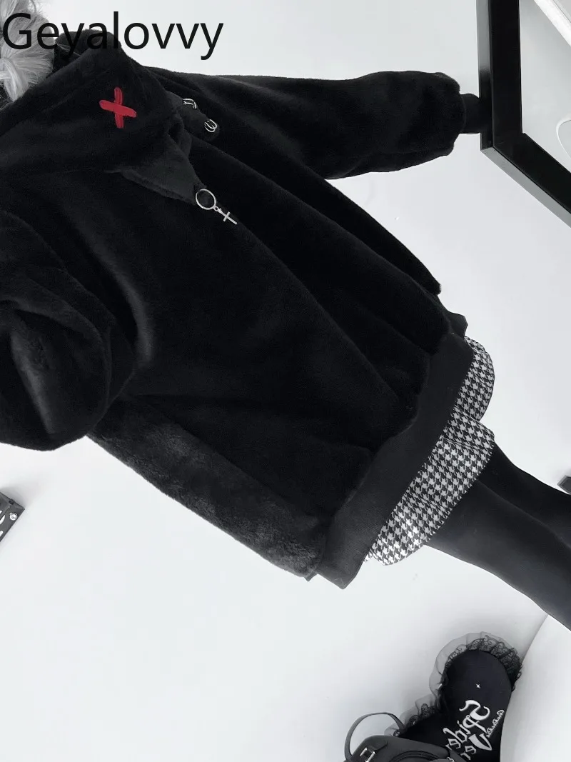 

Autumn Winter Original Black Cat Ear Hooded Loose Coat Japanese Style Sweet Cute Girls Versatile Long Sleeve Zipper Jacket