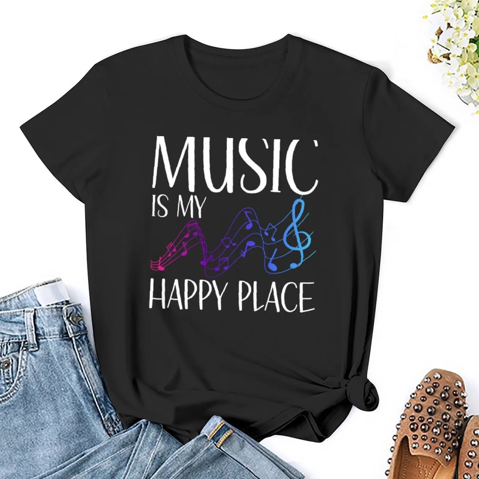 Футболка с надписью «Music Is My Happy Place», летняя одежда, одежда в стиле графики, женская одежда большого размера