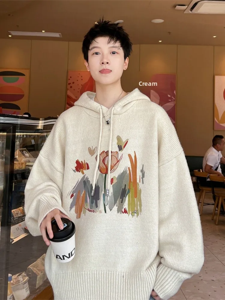 

Loose Fit Men's Hoodie Knitwear Casual Comfortable Winter Faion Teenager Sle Printed Pattern Long Sve T-irt