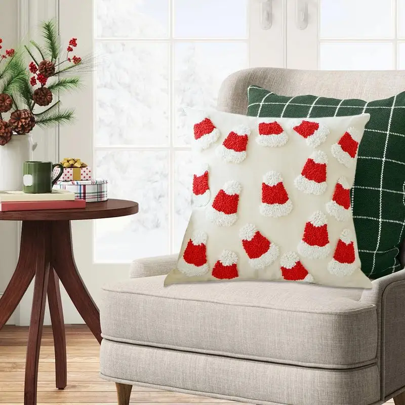 

Decorative Pillowcases Santa Hat Cushion Pillowcase Square Embroidery Pattern Winter Pillow Cover Multifunctional Cushion