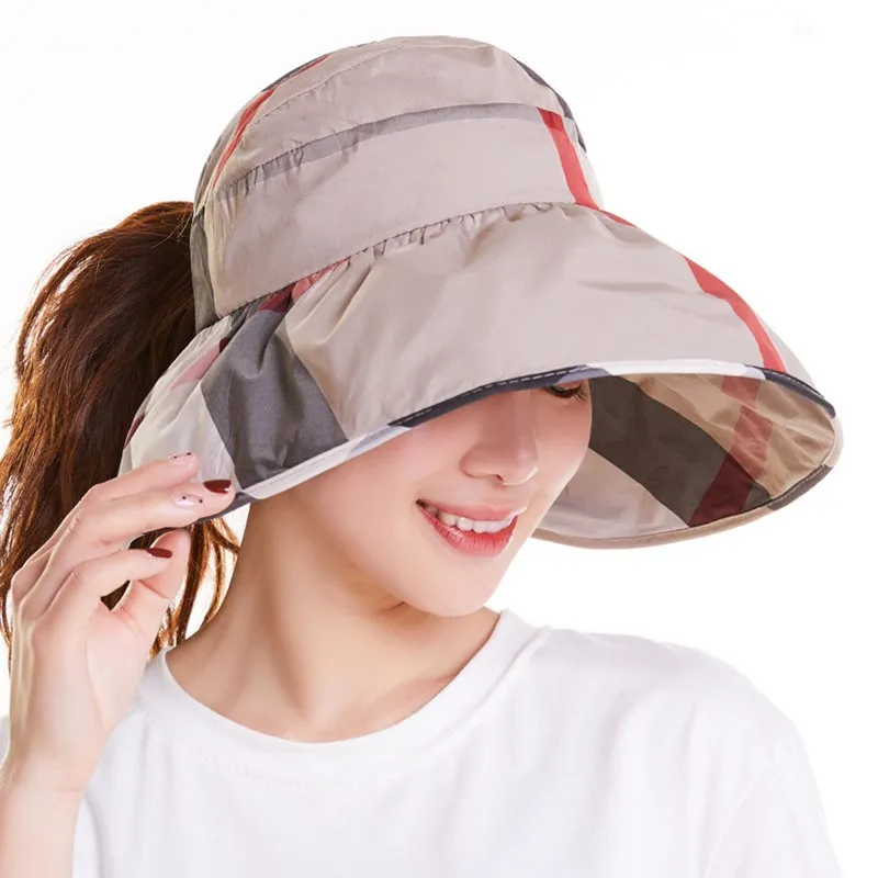 Sombrero de cubo plegable a cuadros para mujer, visera de protección solar para vacaciones en la playa, gorra clásica de ala grande, sombreros de