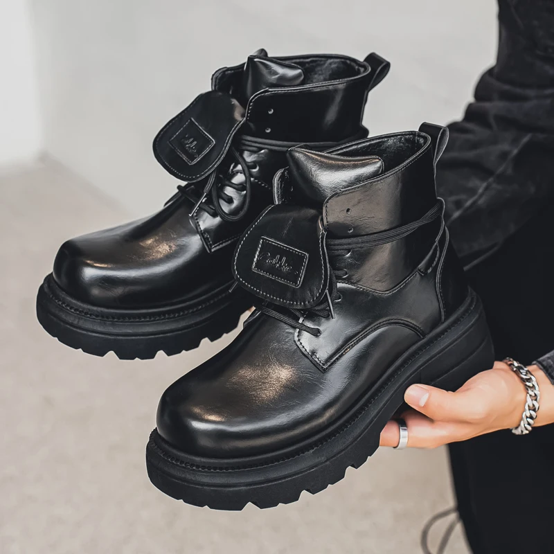 Men Black Leather Ankle Boots Lace Up Thick Lug Sole Square Toe Heightening Casual Fashion Outdoor Platform Short Boots view 4