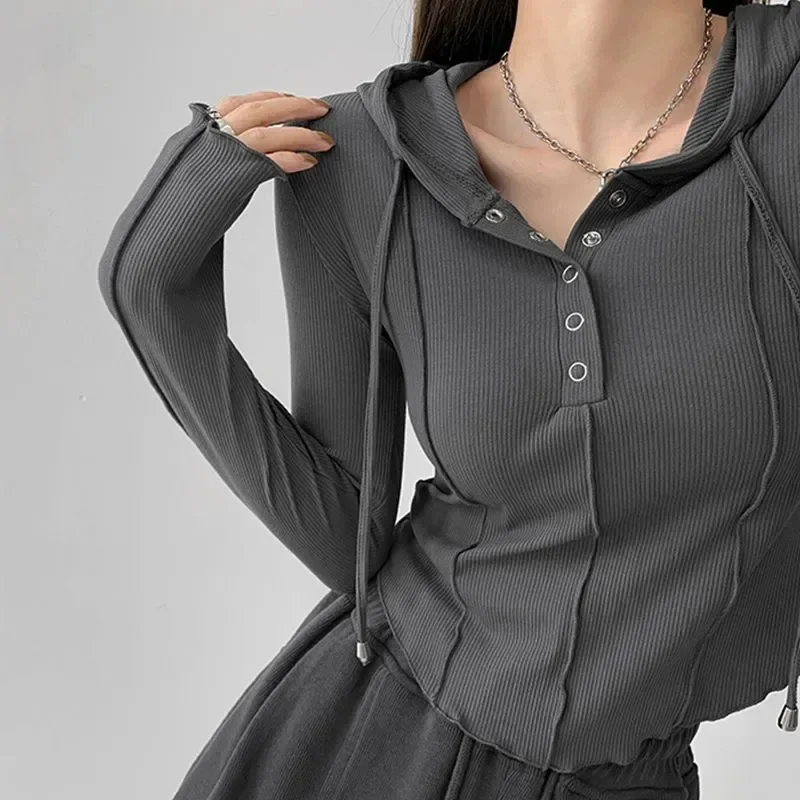 Hooded Sweatshirt Women Half Button Line Slim Sexy Cropped Tops Jogging Tennis Sports Thin Solid Hot Lady Korean Pullover