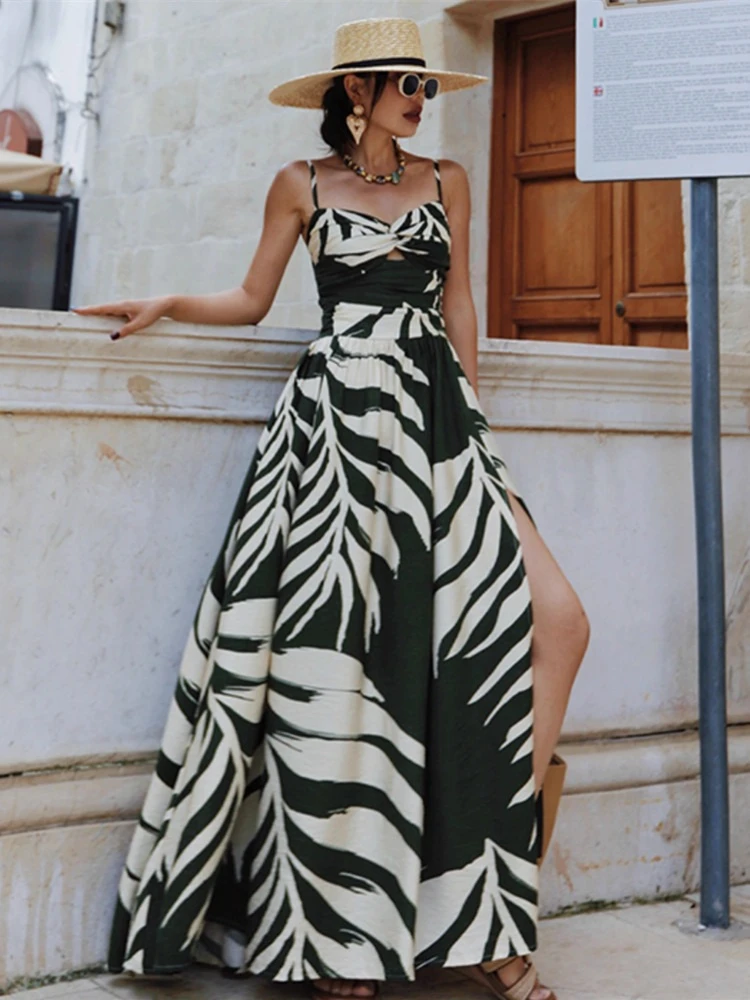 70-94cm Bust Summer Holiday Green Maxi Dress Women Elegant Slim Sexy V-Neck French Vacation Style Printed Side Slit Sling Dress
