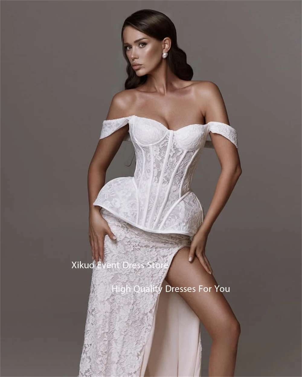 Xikuo Graceful Lace Side High Slit Wedding Dress Off Shoulder Bespoke Occasion Maxi Length Bridal Gowns Bride Dresses Customized
