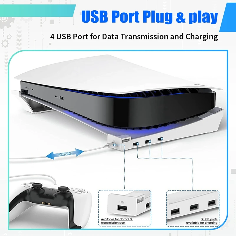 【Superdeals】Horizontal Stand For PS5 With 4 USB Extension, Cabinet Console Laydown Holder, For Playstation 5 Disc & Digital Edit