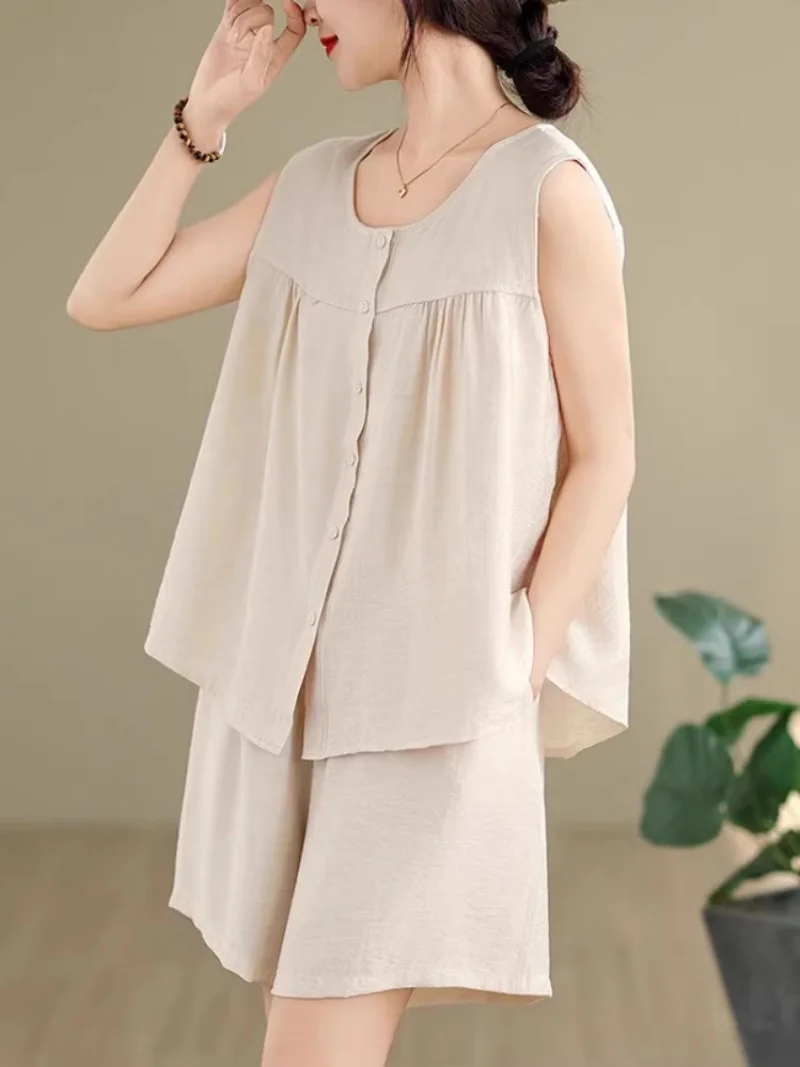 

Fashion Linen Sleeveless Vest Set For Women Summer Large Size Cotton Linen Top Casual Wide Leg Shorts Two Piece Outfit W266