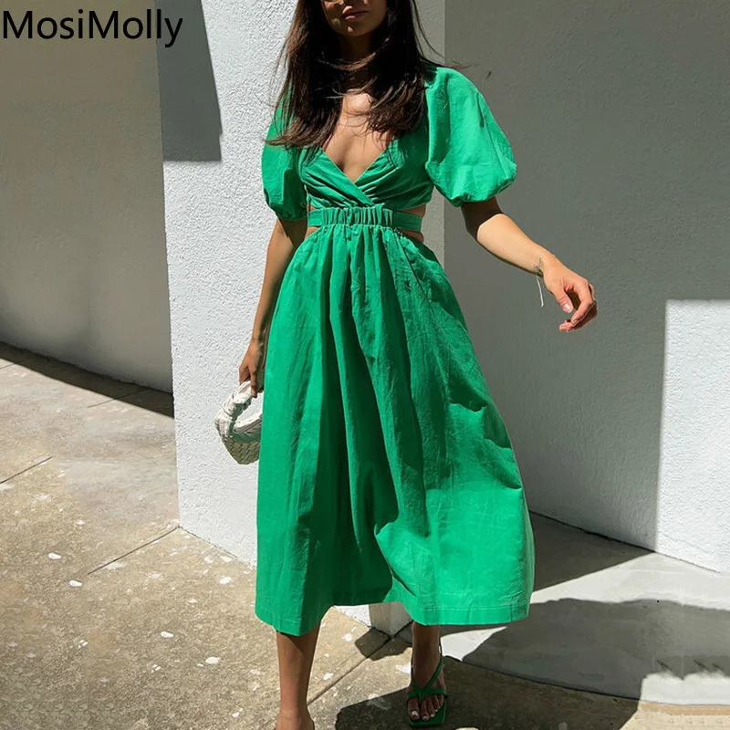 

MosiMolly Women Dress Boho Beach Dress V neck Green Bow Dress Midi Dress 2022 Summer