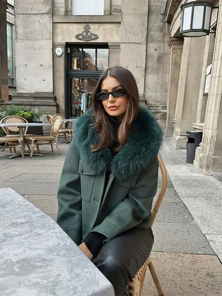 Women Green Pockets Faux Fur Collar Jacket Vintage Buttons Long Sleeve Short Coats Autumn Winter Ladies High Street Outerwear