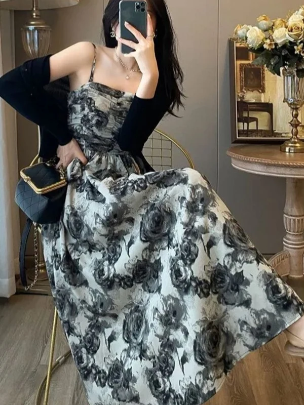 레트로 플러스 사이즈 플로럴 워터컬러 튜브 드 스트랩 웨이스트-신칭 맥시 가운 여름 디자인 센시빌리 엘레