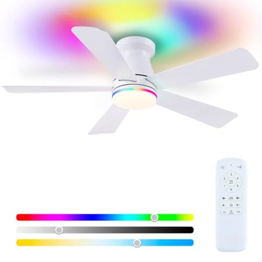 

Потолочный вентилятор с RGB-подсветкой - 46-дюймовый низкопрофильный вентилятор для скрытого монтажа, с пультом ДУ, 3 режима цветовой температуры, диммируемый LED, 6 скоростей и таймер на 2 часа, бесшумный