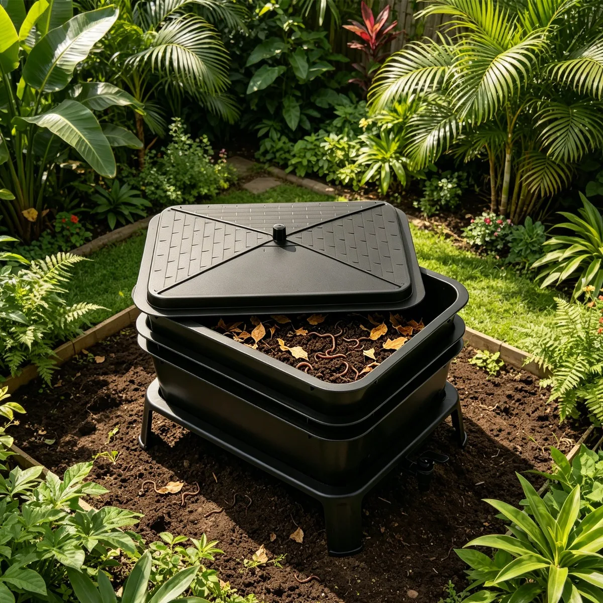 Composting Bin Outdoor, 3-Tier Worm Farm Vermicomposting Box, 30L Large Stackable Black, Food Waste Recycle, Liquid Fertilizer Tap, For Garden Balcony Patio, Safe PP Material, Easy Maintenance, Odorless Design