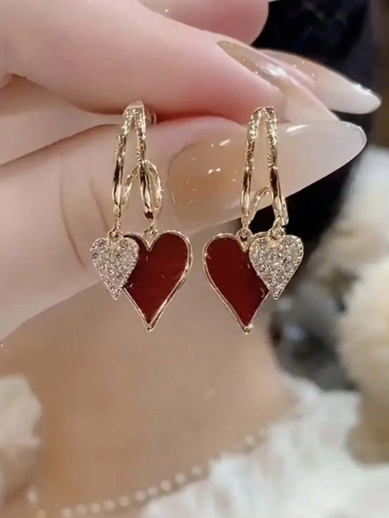

Gold-Tone Heart Drop Earrings with Red Enamel and Crystal Accents