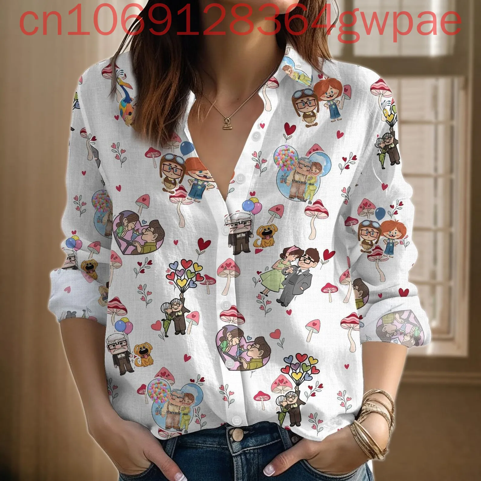 Disney Up Movie Carl And Ellie Hawaii Женская рубашка Летняя рубашка на пуговицах с длинными рукавами Модная повседневная женская футболка с 3D принтом Y2K