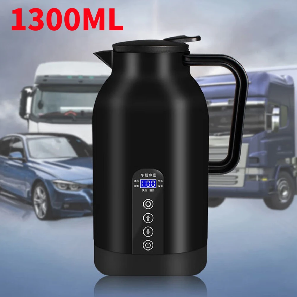 Car Electric Hot Kettle 1300ML Water Boiling Cup 12V/24V Temperature Control LCD Display Stainless Steel for Heating Kettle