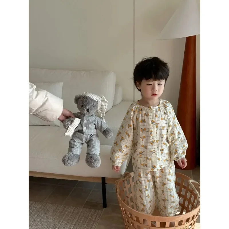 Kinderen Lente Kwaliteit Pyjama Set Jongens Meisjes Kids Cartoon Dubbellaags Gaas Thuis Kleding Set Baby Nachtkleding Tweedelige set